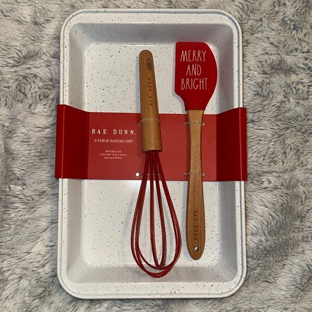Rae Dunn 3 Piece Baking‎ Set Merry and Bright Loaf Pan Spatula Whisk Red White